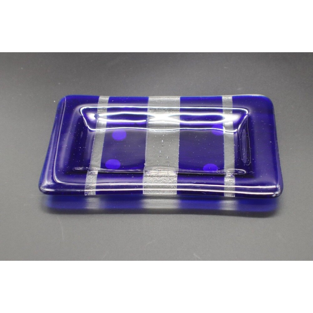 Fused Glass Esther K. Jensen SIGNED Hand Crafted Cobalt Blue Clear Dish Tray`